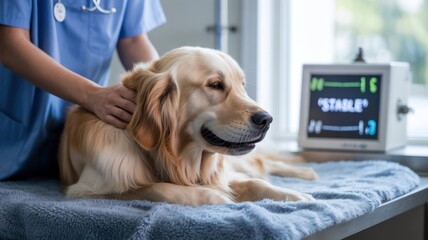 Golden retriever relaxing in veterinary clinic with medical equipment