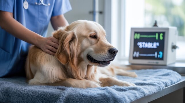Golden retriever relaxing in veterinary clinic with medical equipment