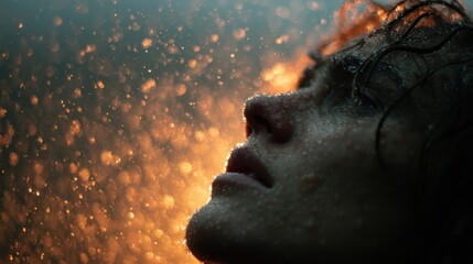 Backlit silhouette dissolving softly as soul particles drift in glowing rain