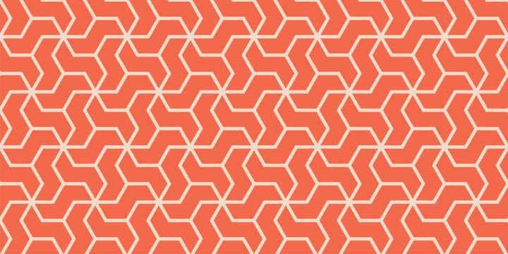 Modern seamless geometric pattern with interlocking hexagonal arrow shapes in coral and beige tones. Ideal for textiles, wallpapers, and digital backgrounds.