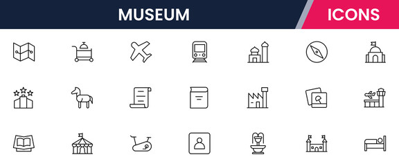 Vector illustration web line icon collection for museum: artifacts, exhibits, culture, and history symbols in a refined, modern, and elegant design style.