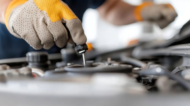 A skilled mechanic inspecting and checking oil levels under the hood of a vehicle, showcasing automotive maintenance in action.