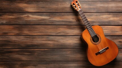 Fototapeta premium This beautiful image shows an acoustic guitar resting on a rustic wooden surface, capturing the essence of music and craftsmanship. It conveys warmth and creativity in its simplicity.