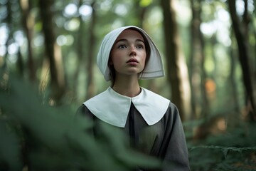 Portrait of a young Puritan woman in historical costume looking up in a mysterious forest