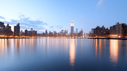 Obraz premium A stunning skyline view of a bustling city at dusk, featuring iconic buildings illuminated by city lights reflecting in the water.