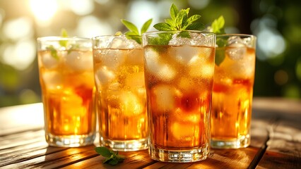 Four iced tea glasses garnished with fresh mint on a wooden table, bathed in warm sunlight creating a refreshing and inviting atmosphere.
