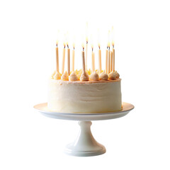 Celebration birthday cake with candles lit on a white cake stand for party event and special occasion dessert