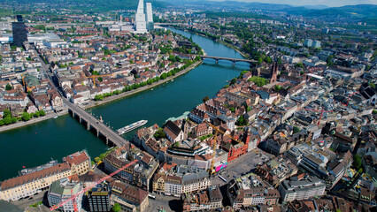 An Panoramic aerial of the old town of the city Basel in Switzerland on a sunny day in summer	