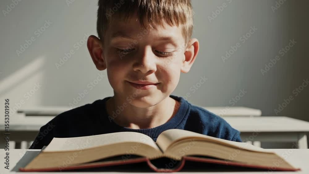 Poster happy pupil is sitting at a desk in a classroom and reading a book, he smiles and looks at the pages