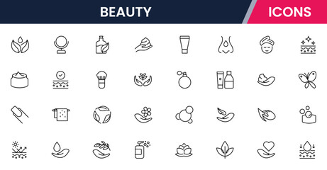 Vector line icons of skincare, makeup, spa, cosmetics, haircare, beauty tools, wellness, and self-care perfect for websites, apps, and branding.