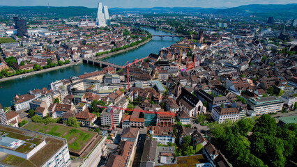 A panoramic aerial view around the old town of the city Basel in Switzerland on a sunny spring noon