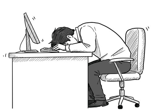 Burnout Stage 4: Exhaustion – Office worker passed out at desk