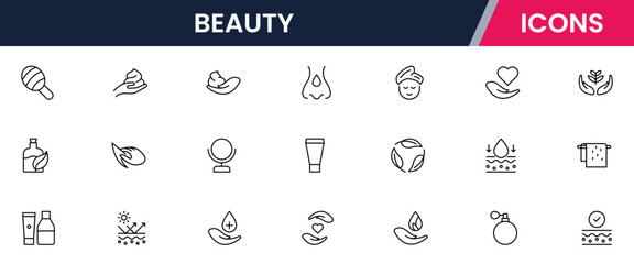 Vector line icons of skincare, makeup, spa, cosmetics, haircare, beauty tools, wellness, and self-care perfect for websites, apps, and branding.