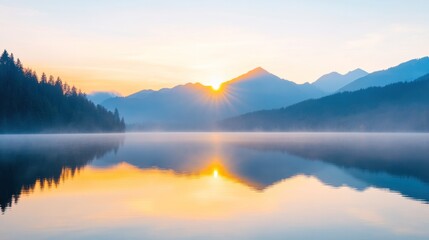Fototapeta premium A tranquil sunset over a serene lake, reflecting mountains and trees in calm waters, creating a peaceful natural scene.