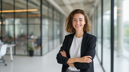 Naklejka premium Portrait of a happy and successful female professional or manager standing in a bright, contemporary corporate workplace