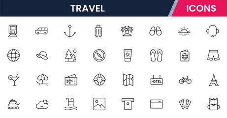 Vector illustration web line icon collection for travel: airplanes, suitcases, maps, and adventure symbols in a vibrant, modern, and exploratory design style.