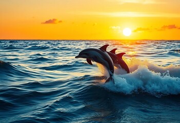Fototapeta premium Dolphins leap and frolic in golden sunset ocean waves, wildlife photography, dolphin pod