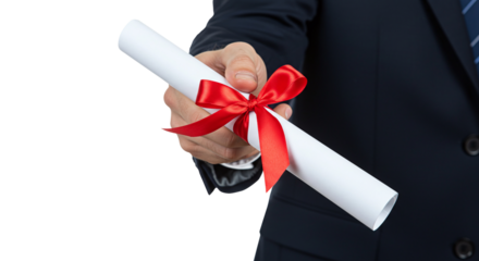 Businessman Offering Rolled Diploma with Red Ribbon: Achievement, Success, Graduation Concept