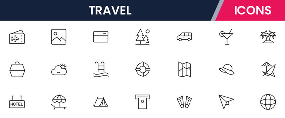 Vector illustration web line icon collection for travel: airplanes, suitcases, maps, and adventure symbols in a vibrant, modern, and exploratory design style.