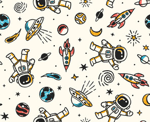 Hand-drawn space theme vector seamless pattern with UFOs, rockets, planets, stars, comets, and astronauts in a doodle art style