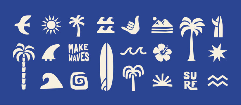 Minimal beach and surf icon vector set with tropical elements like palm trees, waves, surfboards, and sun. Perfect for summer designs, t-shirts, posters, and coastal branding.