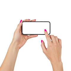 Woman s hands holding a smartphone horizontally with a blank white screen and touching it isolated on transparent background