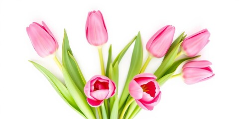 Obraz premium Five delicate pink tulips, tightly clustered, showcasing vibrant petals and stems against a pure white backdrop, flowers, close up
