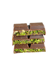 Dubai chocolate pieces with pistachios isolated on transparent background, png