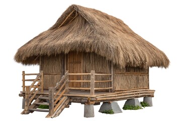 Traditional rustic bamboo hut with a distinctive thatched roof and raised platform, isolated on a clean white background, representing tropical living or simple accommodation