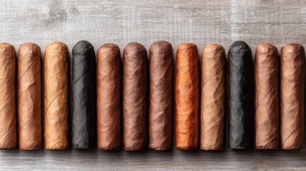An arrangement of assorted cigars on a sleek wooden surface, showcasing their different hues and textures, symbolizing luxury and indulgence for aficionados and collectors.