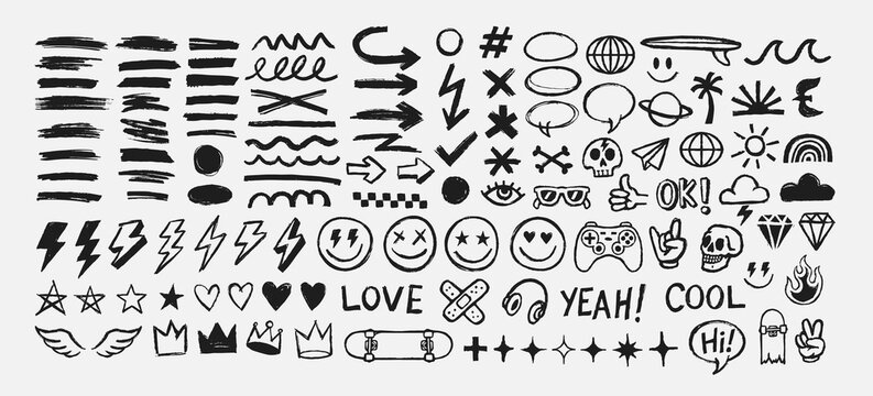 Grunge doodle vector icon set with hand-drawn arrows, symbols, faces, and decorative elements. Perfect for streetwear, stickers, and t-shirt design.