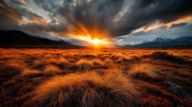A breathtaking sunset spills golden light across a vast grassland, with dynamic clouds adding depth and mood, highlighting the beauty and majesty of nature's landscape.