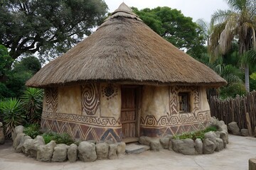 Traditionally decorated African hut with a round thatched roof and intricate tribal patterns adorning its mud walls, set amidst a natural village environment, reflecting cultural heritage