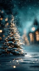 Beautifully decorated Christmas tree covered in snow during a quiet winter night with soft glowing lights