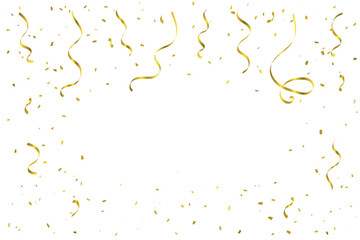 Gold Streamer Ribbon and Confetti Falling on White Background for Festive Celebrations. Vector Illustration