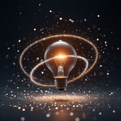 Soft glowing light bulb in darkness, representing idea or hope, surrounded by floating dust particles background copy space spiral glow glitters