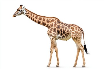 Obraz premium A Stunning Close-Up of a Majestic Giraffe Standing Gracefully Against a Clean White Background with Its Distinctive Long Neck and Beautiful Spots
