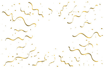 Gold Streamer Ribbon and Confetti Falling on White Background for Festive Celebrations. Vector Illustration