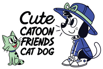 Cute cartoon cat and dog friends in retro 80s neon style