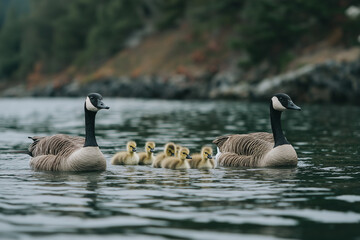 Obraz premium A family of two Canada geese and their goslings swimming on the water, goose.