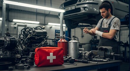 Injured mechanic bands his wrist in auto repair shop with tools, parts, and first aid kit for safety and well being on site.