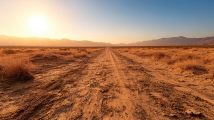 Naklejka premium A breathtaking view of a dirt road stretching through a scenic desert landscape illuminated by the warm colors of sunset, evoking feelings of adventure and freedom.
