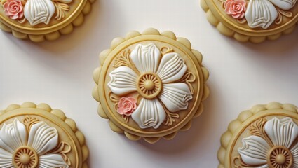 Decorative flower-shaped cookies with pastel colors on table  