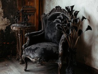 Whimsigothic-style vintage chair with intricate carvings and velvet upholstery, paired with dried black calla lilies and dark glamour accents