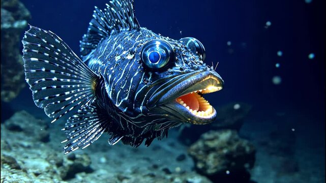Blue fish with textured scales and open mouth in close-up view. 