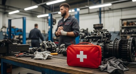 An auto mechanic shop workspace features a first aid kit among auto parts and tools, showing workplace safety and industry.