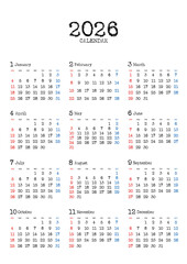 2026年の年間カレンダー日曜始まり 日本の祝日表記無し タイプライター風文字 縦位置