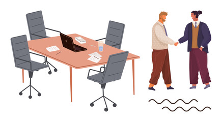 Two professionals shaking hands in agreement beside a conference table setup with chairs, a laptop, documents, and water. Ideal for partnership, teamwork, collaboration, meeting, negotiation