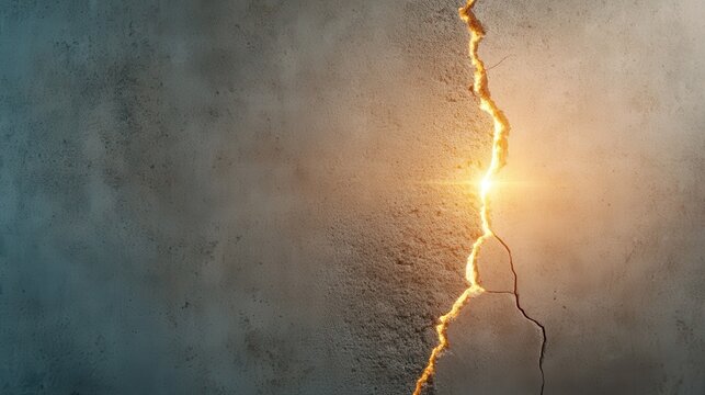 A close-up view of a cracked concrete wall, where a beam of light breaks through the fissure, symbolizing resilience and hope amidst decay and wear in the urban environment.