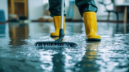 Flood cleanup, person sweeping waterlogged floor with broom and yellow boots.